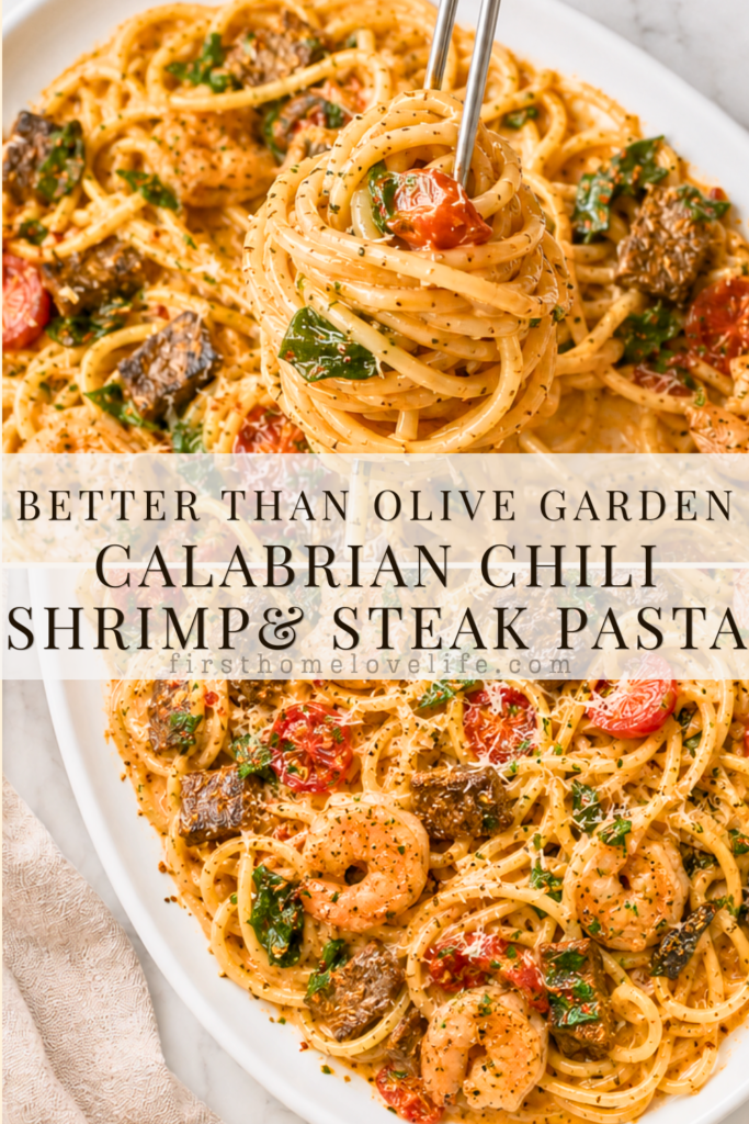 Pinterest pin for creamy Copycat Olive Garden Calabrian Steak and Shrimp Bucatini with tomatoes and spinach