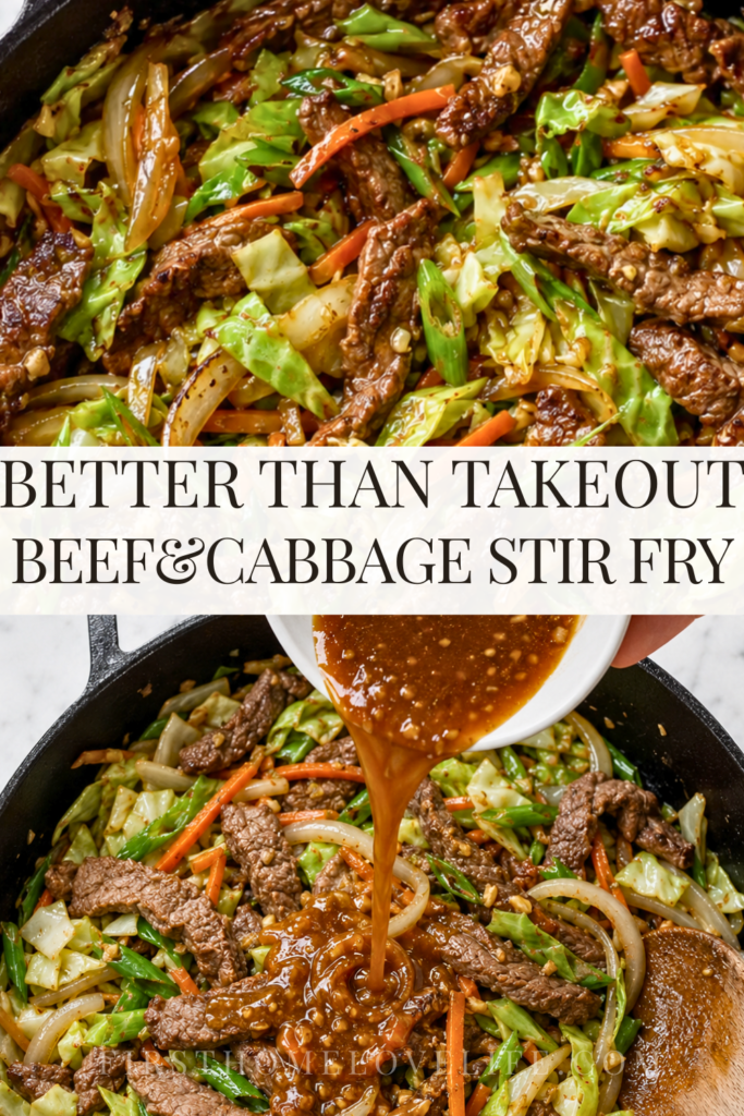 Pinterest pin for Chinese beef and cabbage stir fry featuring sliced steak, cabbage, carrots, and onions with homemade stir-fry sauce.