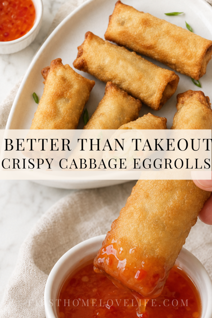 Pinterest pin showing homemade crispy cabbage egg rolls and an egg roll being dipped into sweet chili sauce.
