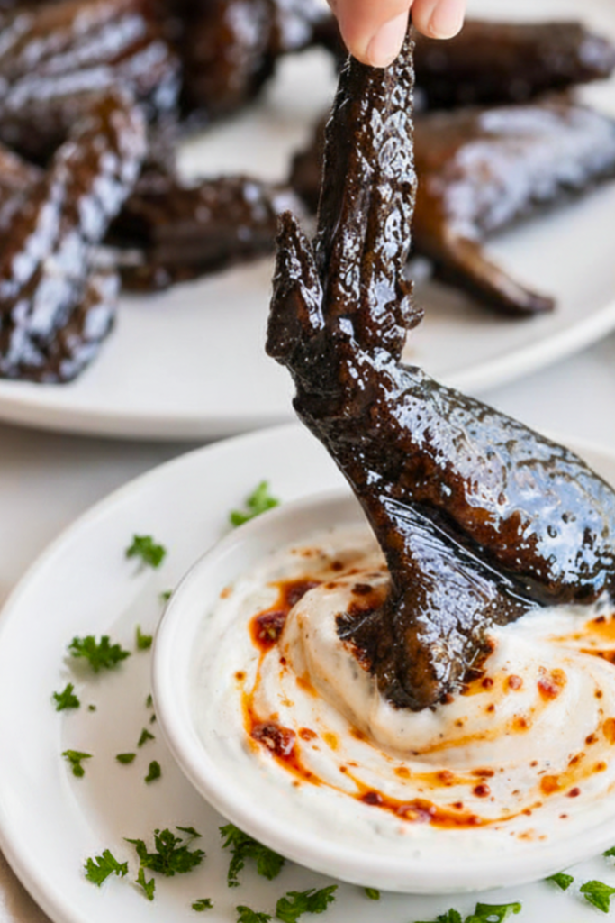 Whole black chicken wing being dipped into creamy ranch dressing swirled with spicy chili crisp.