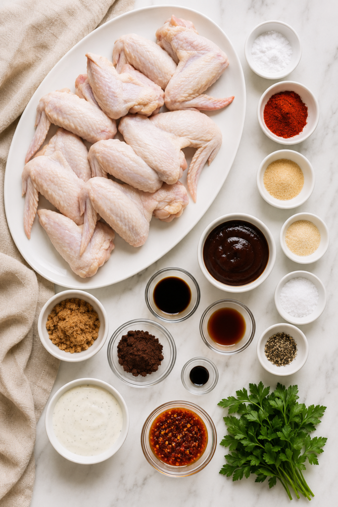 Ingredients for Halloween black chicken wings, including whole raw wings, black barbecue glaze ingredients, ranch, chili crisp, and parsley.