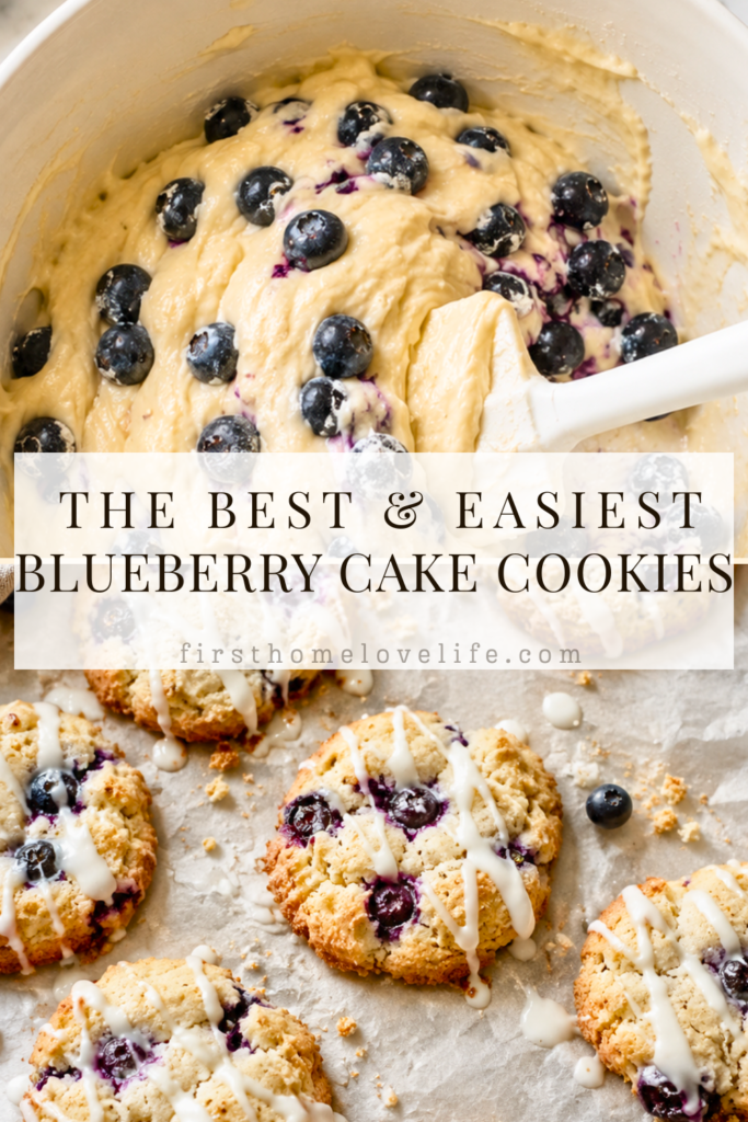 Blueberry cake cookie batter being folded with fresh blueberries using a white spatula above glazed blueberry cake cookies.