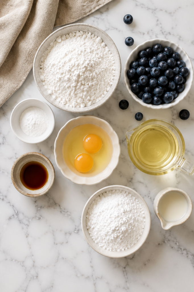 Flat lay of ingredients for blueberry cake cookies including white cake mix, fresh blueberries, eggs, oil, vanilla, powdered sugar, and milk on a white marble countertop.