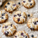 Easy blueberry cake cookies made with cake mix and fresh blueberries, topped with vanilla glaze and served on parchment paper over a marble countertop.