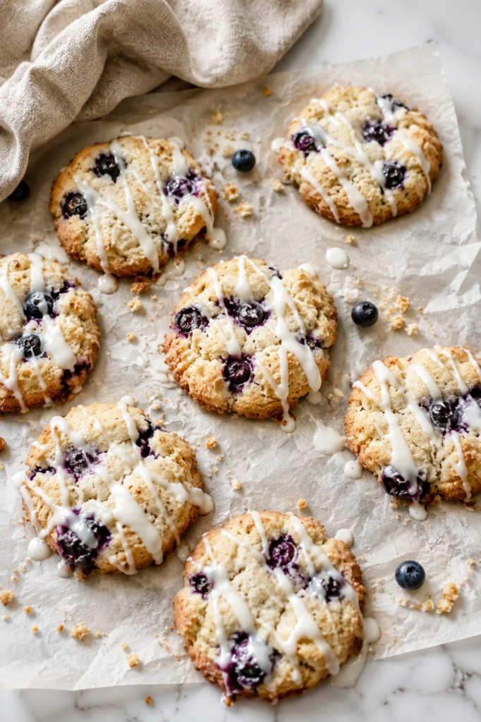 Easy blueberry cake cookies made with cake mix and fresh blueberries, topped with vanilla glaze and served on parchment paper over a marble countertop.