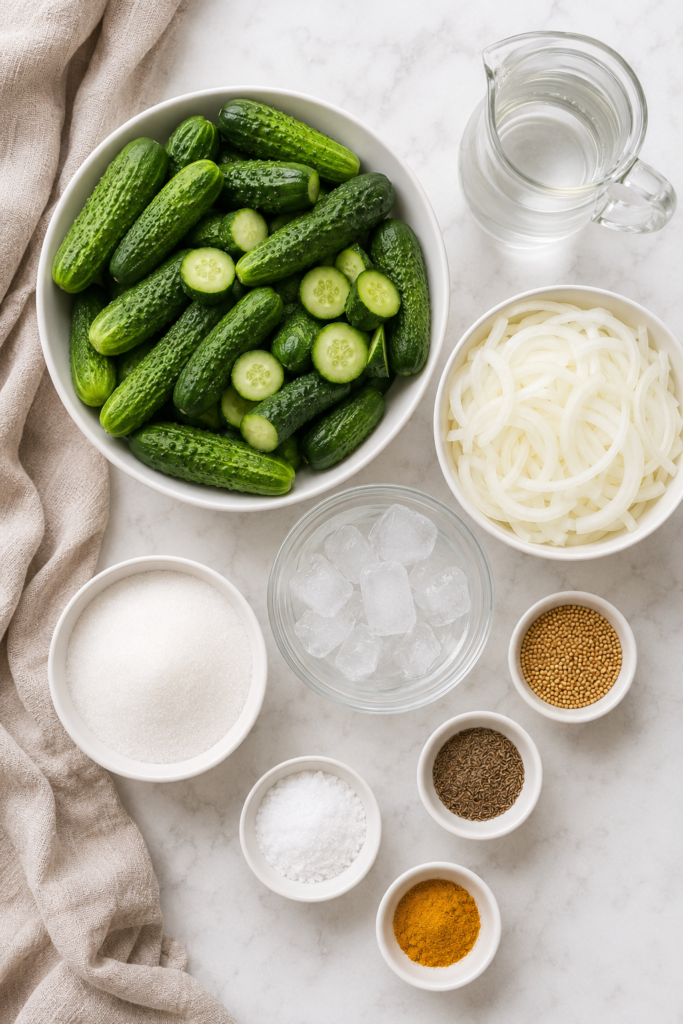 Flat lay of bread and butter pickle ingredients including pickling cucumbers, sliced onions, vinegar, sugar, pickling salt, mustard seed, celery seed, turmeric, and ice.