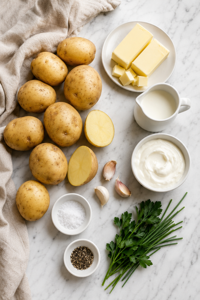 Ingredients for brown butter mashed potatoes, including Yukon Gold potatoes, butter, heavy cream, sour cream, garlic, fresh herbs, salt, and black pepper.