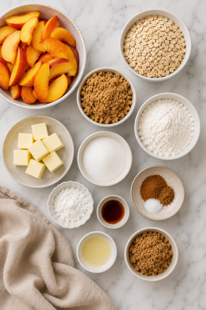 Flat lay of ingredients for Brown Butter Peach Crisp including fresh peaches, rolled oats, flour, brown sugar, granulated sugar, butter, vanilla, cinnamon, cornstarch, lemon juice, and salt on a white marble countertop.