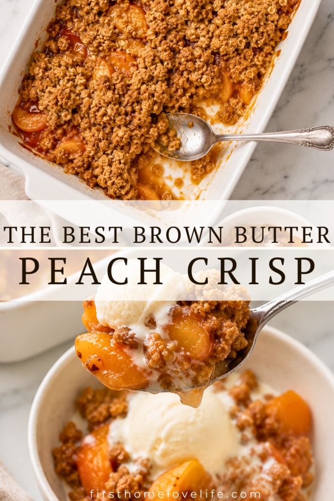 Silver spoon lifting a scoop of warm Brown Butter Peach Crisp with juicy peaches, crunchy oat topping, and melting vanilla ice cream above a white dessert bowl.