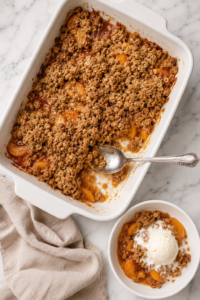 Bird's-eye view of homemade brown butter peach crisp in a white rectangular baking dish with a golden oat crumble topping. A serving is scooped into a small white bowl with melting vanilla ice cream on a marble countertop and a neutral kitchen towel.