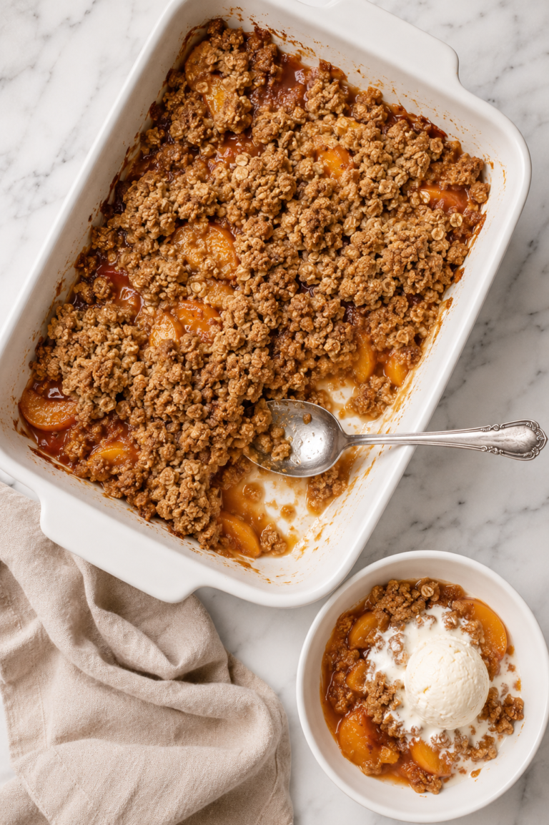 Bird's-eye view of homemade brown butter peach crisp in a white rectangular baking dish with a golden oat crumble topping. A serving is scooped into a small white bowl with melting vanilla ice cream on a marble countertop and a neutral kitchen towel.