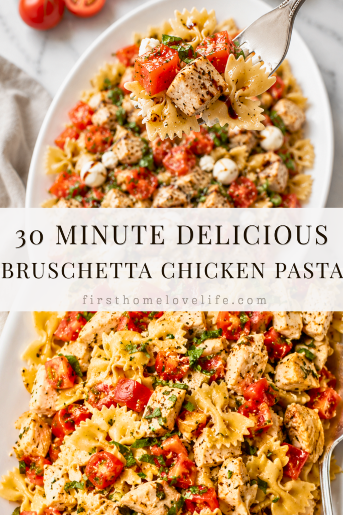 Fork lifting a bite of bruschetta chicken pasta with grilled chicken, bow tie pasta, fresh tomatoes, basil, Parmesan cheese, and balsamic glaze above a white serving platter.
