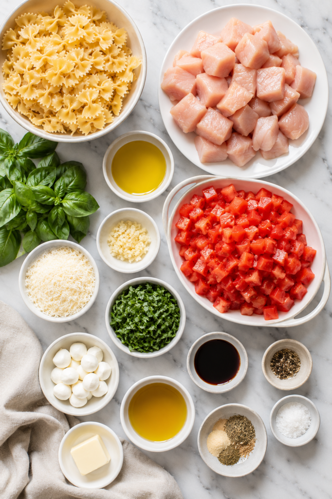 Flat lay of ingredients for bruschetta chicken pasta including bow tie pasta, chicken breast, tomatoes, fresh basil, garlic, Parmesan cheese, mozzarella pearls, olive oil, balsamic glaze, butter, and seasonings on a marble countertop.