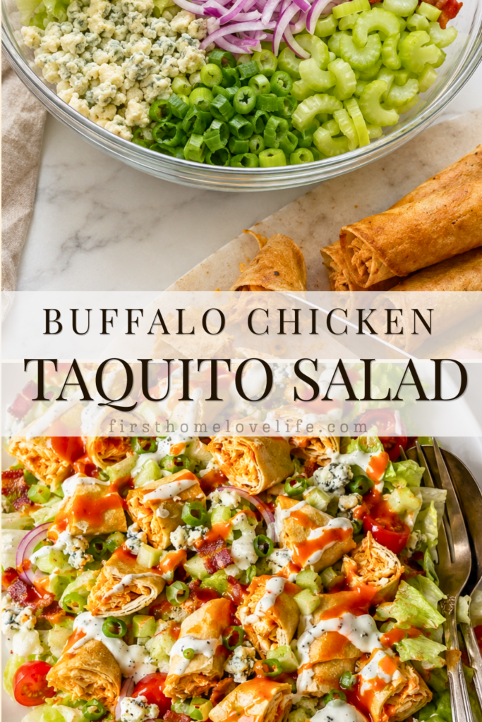 Buffalo chicken taquito chopped salad with bacon, tomatoes, blue cheese, buffalo sauce, and creamy dressing