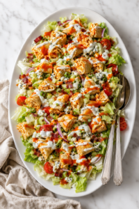 Buffalo chicken taquito chopped salad with iceberg lettuce, bacon, tomatoes, blue cheese, ranch dressing, and buffalo sauce