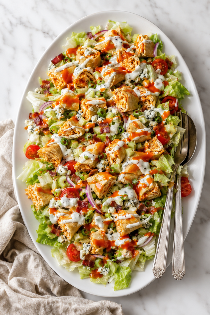 Buffalo chicken taquito chopped salad with iceberg lettuce, bacon, tomatoes, blue cheese, ranch dressing, and buffalo sauce