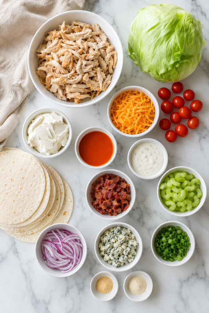 Ingredients for Buffalo Chicken Taquito Chopped Salad arranged on a white marble countertop