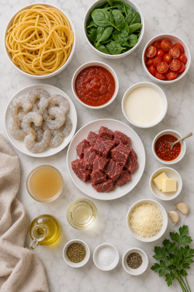 Flat lay of ingredients for Copycat Olive Garden Calabrian Steak and Shrimp Bucatini on a marble counter