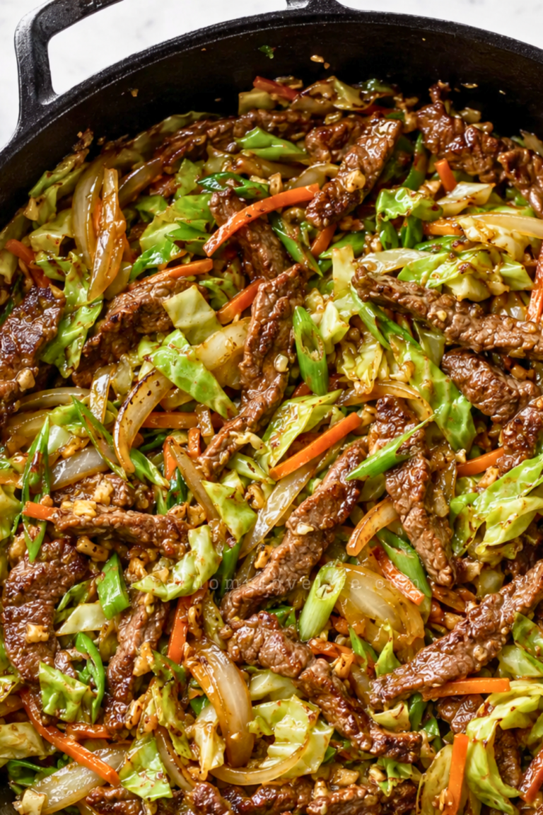 Chinese beef and cabbage stir fry with sliced steak, cabbage, carrots, onions, and savory garlic ginger sauce in a cast-iron skillet.