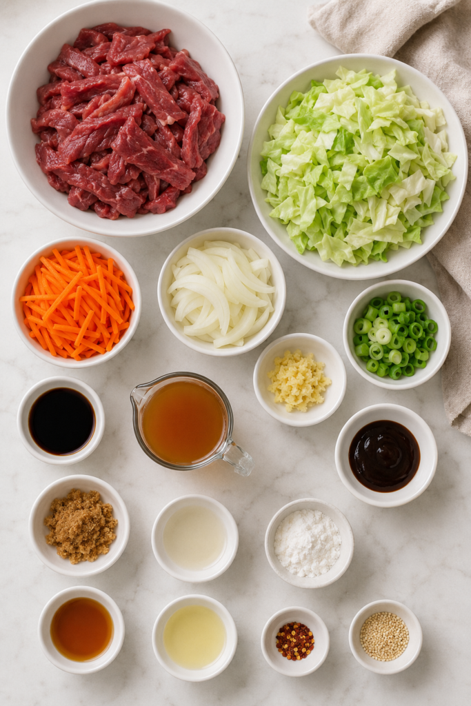 Ingredients for Chinese beef and cabbage stir fry including sliced flank steak, cabbage, carrots, onions, garlic, ginger, and homemade stir-fry sauce.