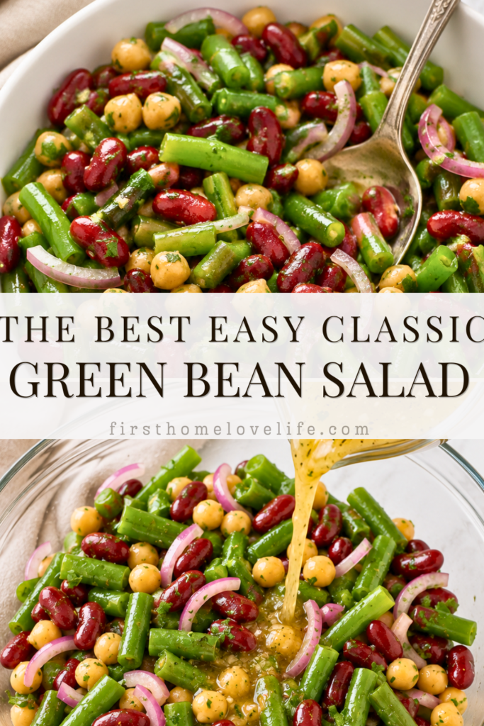 Two-step collage showing a classic green bean and bean salad served in a white bowl and homemade vinaigrette being poured over green beans, kidney beans, chickpeas, and red onion in a glass mixing bowl.