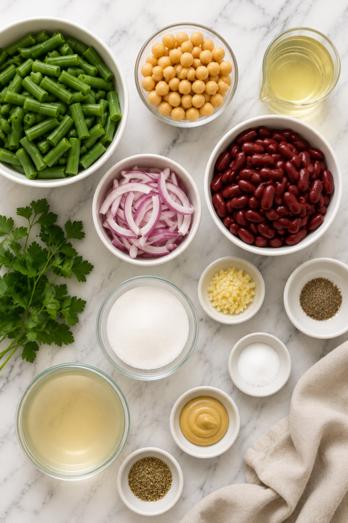 Flat lay of ingredients for classic green bean and bean salad including green beans, kidney beans, chickpeas, red onion, vinegar, oil, sugar, Dijon mustard, garlic, parsley, and seasonings on a marble countertop.