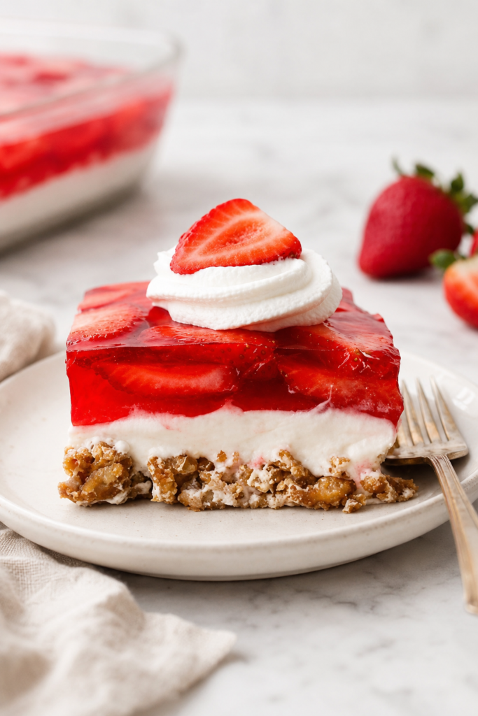 Classic strawberry pretzel salad with a crunchy pretzel crust, cream cheese filling, fresh strawberries, and strawberry gelatin