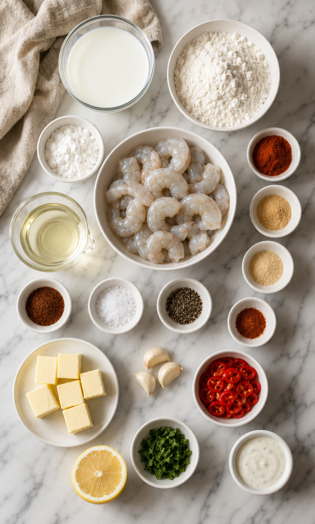 Flat lay of ingredients for Copycat LongHorn Wild West Shrimp, including raw shrimp, cherry peppers, garlic, butter, seasonings, flour, buttermilk, lemon, and ranch.