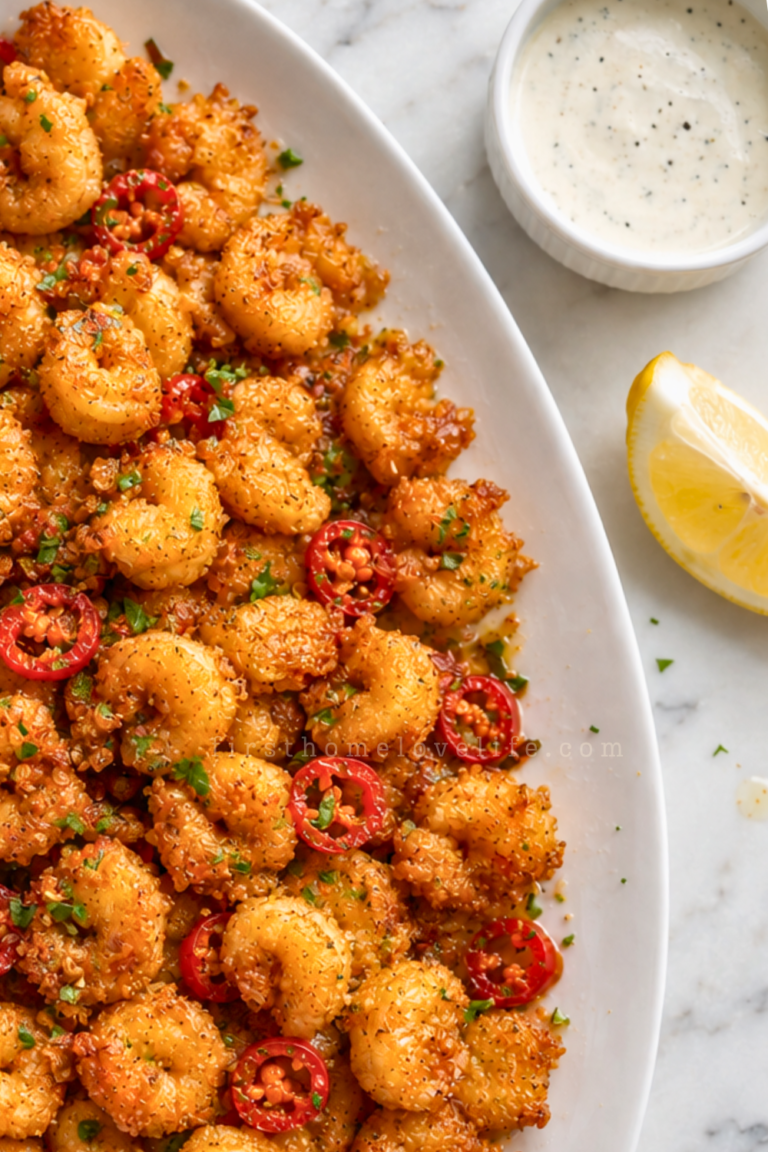 Copycat LongHorn Wild West Shrimp with crispy fried shrimp, spicy cherry peppers, garlic butter, lemon, and ranch dressing.