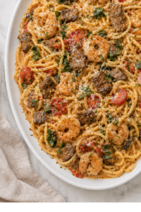 Creamy Copycat Olive Garden Calabrian Steak and Shrimp Bucatini with tomatoes and spinach on a white platter
