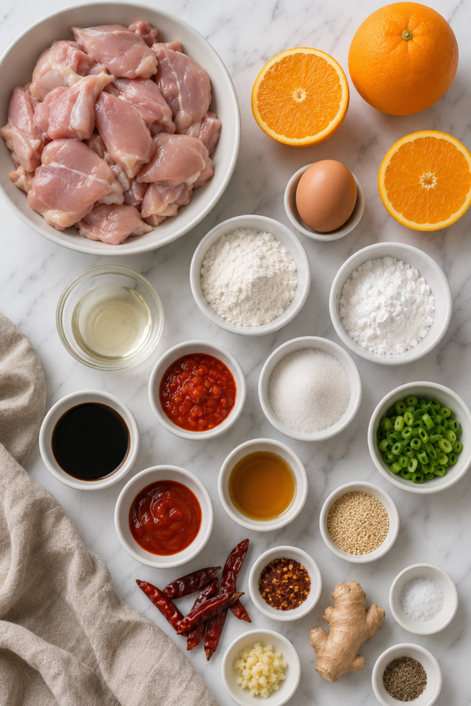 Ingredients for Copycat Panda Express Hot Orange Chicken including chicken thighs, oranges, flour, cornstarch, soy sauce, chili sauce, ginger, garlic, and dried red chilies.