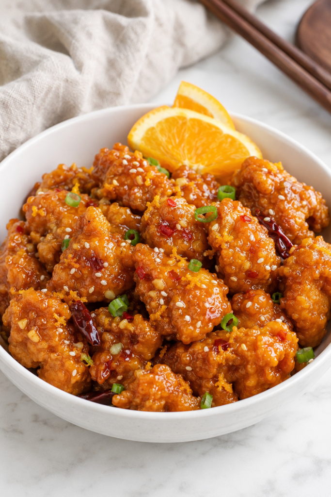 Copycat Panda Express Hot Orange Chicken coated in a sticky spicy orange sauce with red chilies, sesame seeds, green onions, and fresh orange slices.