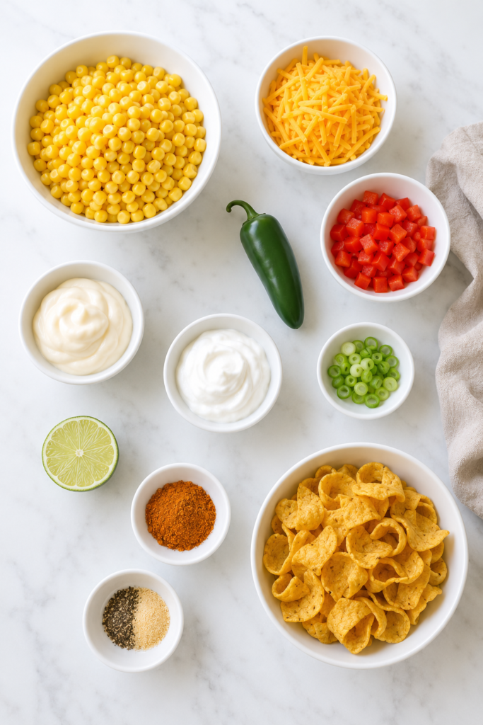 Corn chip salad ingredients arranged in white bowls, including corn, cheddar cheese, bell pepper, jalapeño, green onions, creamy dressing, seasonings, lime, and Fritos.