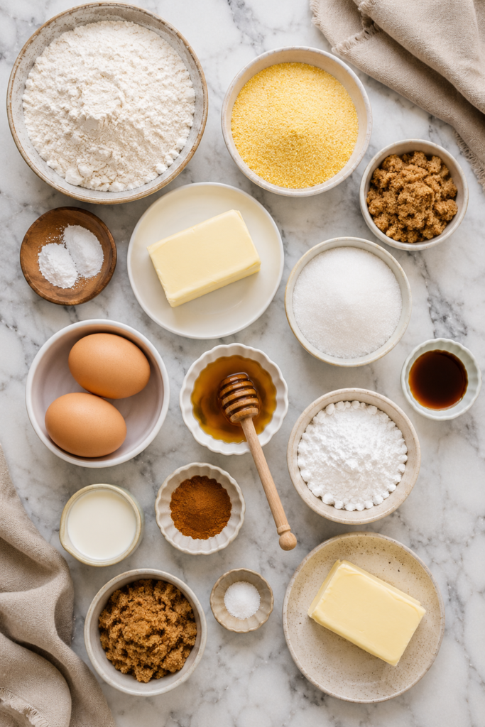 Flat lay of ingredients for homemade cornbread cookies with cinnamon honey butter frosting, including flour, cornmeal, butter, eggs, honey, brown sugar, cinnamon, vanilla, powdered sugar, and baking staples on a marble countertop.