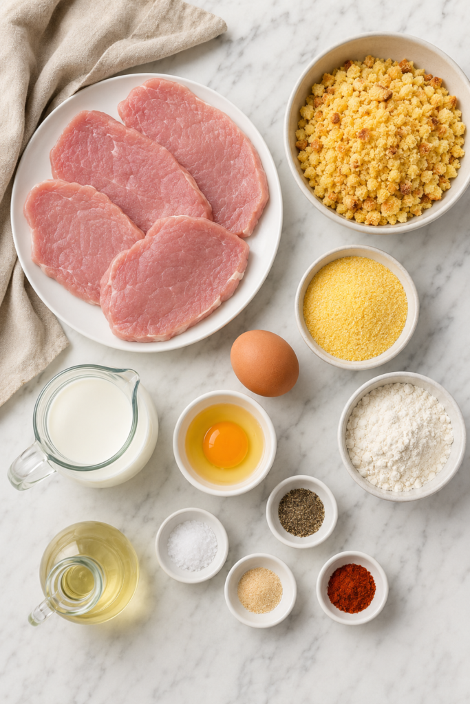 Ingredients for cornbread fried pork cutlets, including thin pork cutlets, cornbread crumbs, cornmeal, flour, eggs, buttermilk, oil, and seasonings.