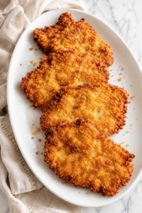 Crispy cornbread fried pork cutlets arranged on a white platter over a marble countertop with neutral linen.