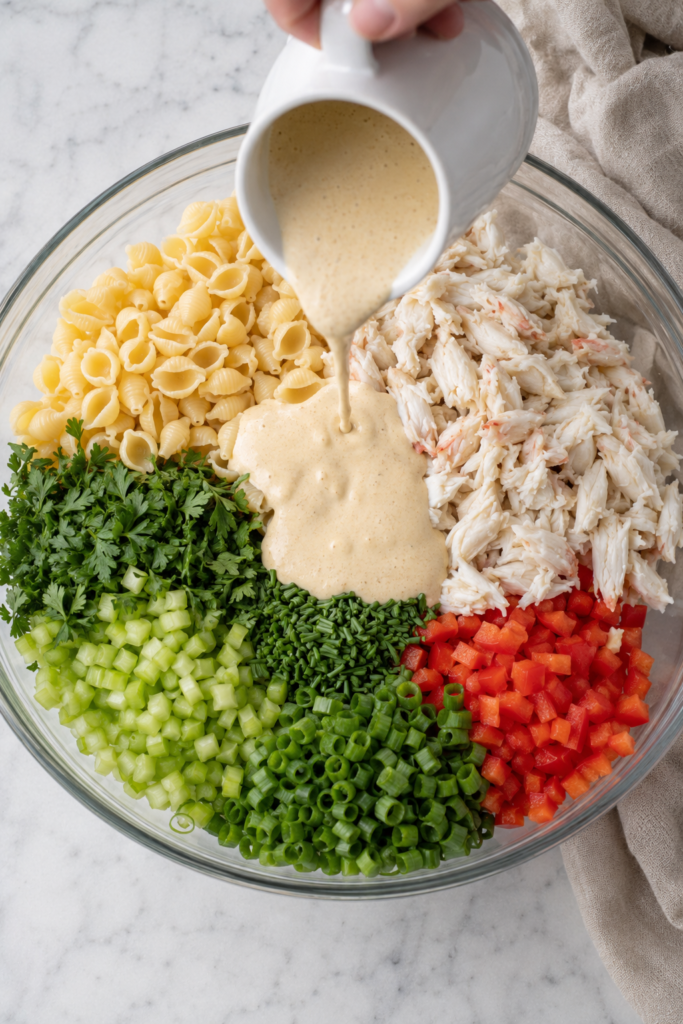 Creamy Old Bay dressing being poured over shell pasta, lump crabmeat, celery, peppers and fresh herbs in a large mixing bowl.