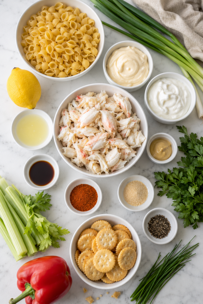 Overhead flat lay of crab cake pasta salad ingredients including lump crabmeat, shell pasta, Old Bay, lemon, vegetables, herbs and buttery crackers.