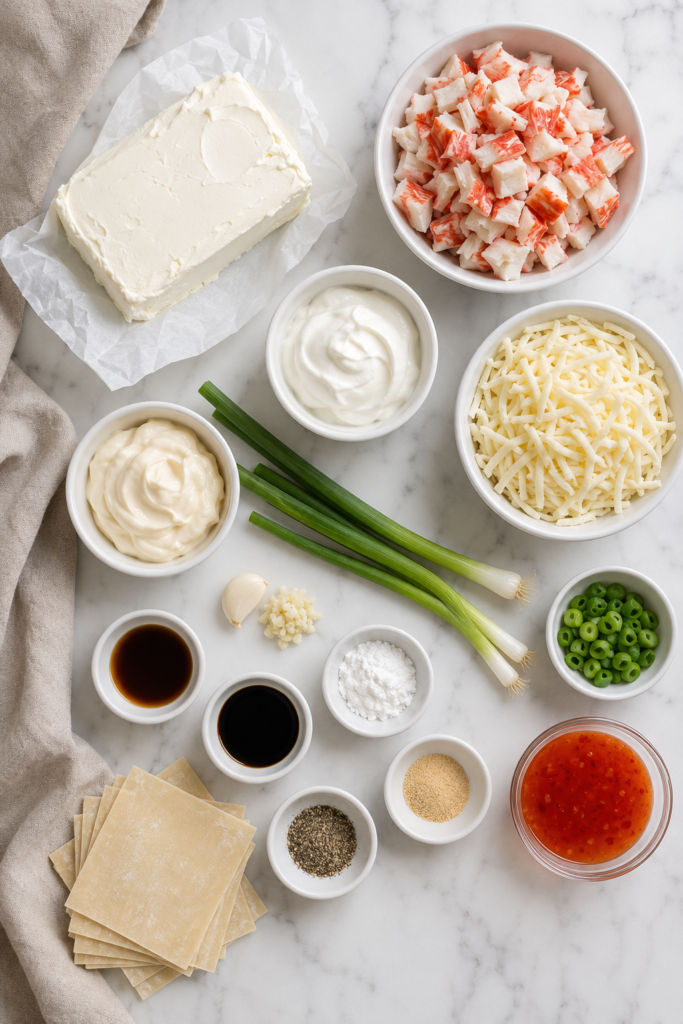 Crab rangoon dip ingredients including cream cheese, crabmeat, mozzarella, sour cream, green onions, sweet chili sauce, and wonton wrappers.