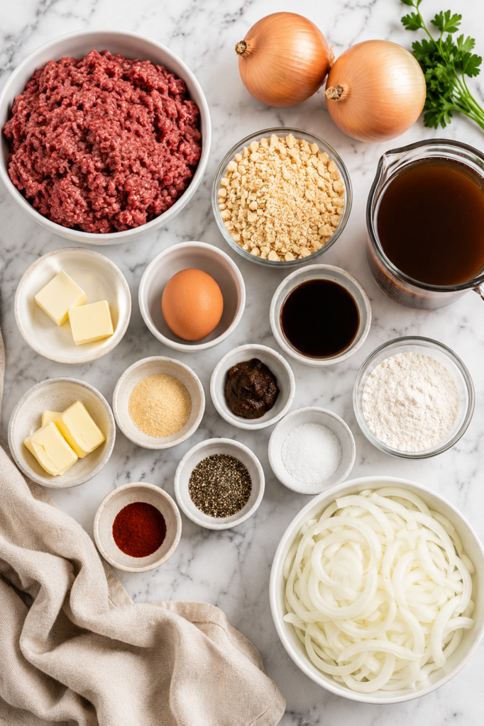 Flat lay of ingredients for Cracker Barrel Hamburger Steak with Onion Gravy including ground beef, onions, beef broth, butter, flour, egg, crackers, Worcestershire sauce, and seasonings on a marble countertop.