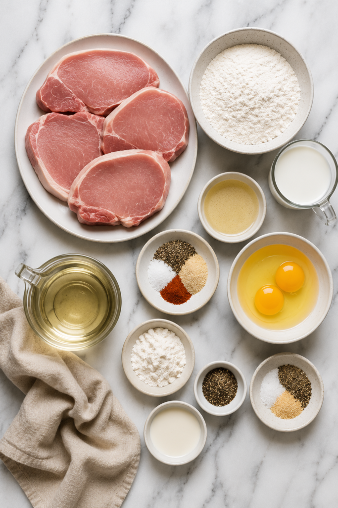 Flat lay of ingredients for Cracker Barrel smothered fried pork chops including boneless pork chops, flour, eggs, milk, oil, and seasonings on a marble countertop.