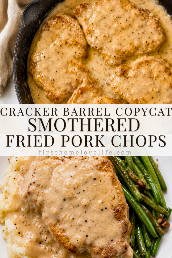 Cracker Barrel copycat smothered fried pork chops with country gravy, mashed potatoes, and green beans.