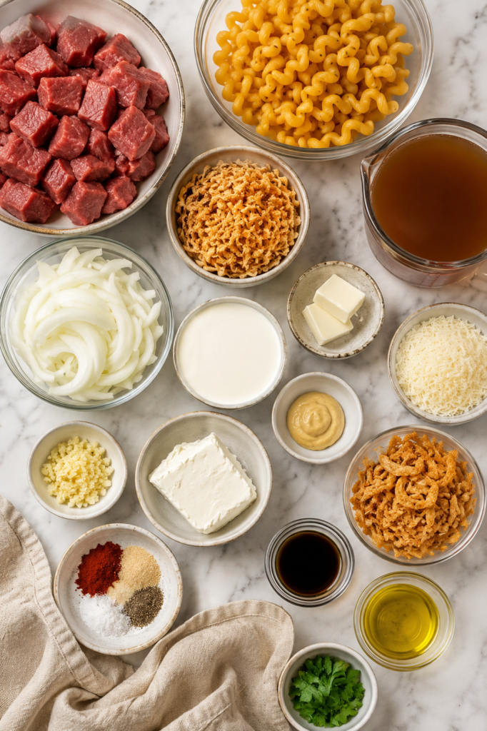 Flat lay of ingredients for creamy Bloomin' Onion steak bite pasta including sirloin steak, cavatappi pasta, sweet onion, beef broth, heavy cream, cream cheese, Parmesan, crispy fried onions, garlic, butter, Worcestershire sauce, Dijon mustard, olive oil, seasonings, and parsley.