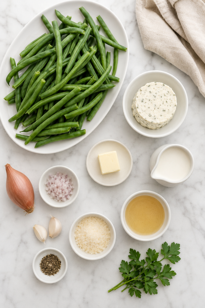 Ingredients for creamy Boursin green beans arranged on a white marble counter