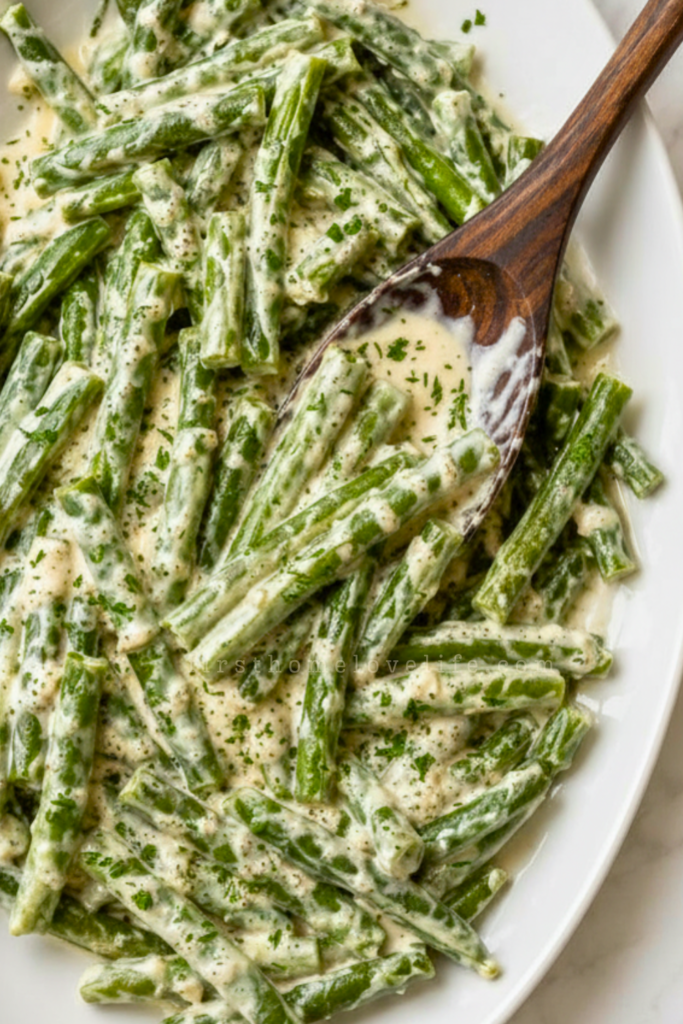 Creamy Boursin green beans coated in a garlic and herb cheese sauce