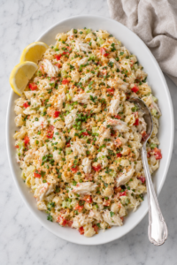Creamy crab cake pasta salad with lump crabmeat, shell pasta, vegetables, fresh herbs, Old Bay and buttery cracker crumbs.