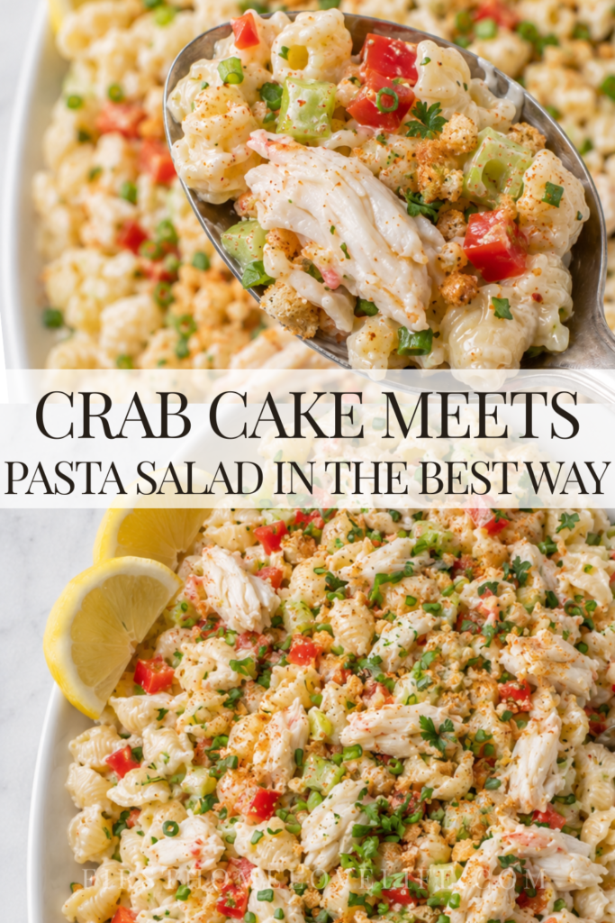 Pinterest pin featuring creamy crab cake pasta salad with lump crabmeat, pasta shells, vegetables and the text Crab Cake Meets Pasta Salad in the Best Way.