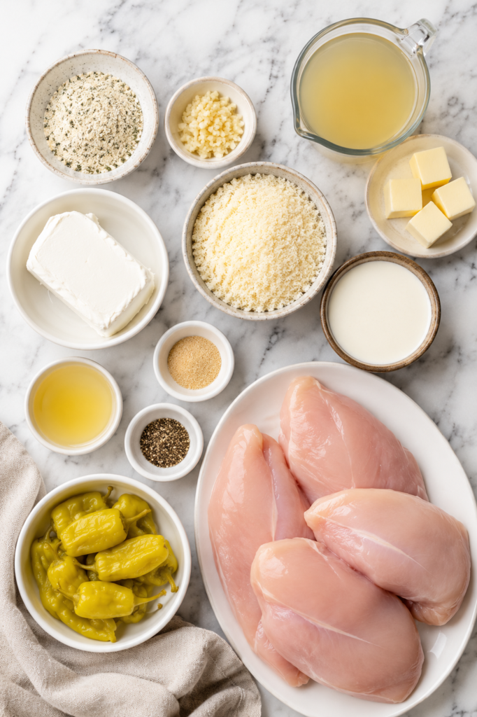 Flat lay of ingredients for creamy pepperoncini chicken including raw chicken breasts, pepperoncini peppers, cream cheese, Parmesan cheese, ranch seasoning, butter, chicken broth, garlic, heavy cream, and black pepper on a white marble countertop.