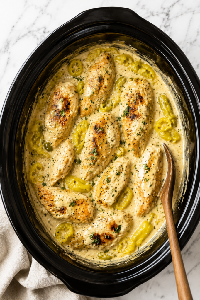 Bird's-eye view of creamy pepperoncini chicken in a black slow cooker with a rich cream sauce, whole chicken breasts, sliced pepperoncini peppers, and a wooden spoon on a marble countertop.