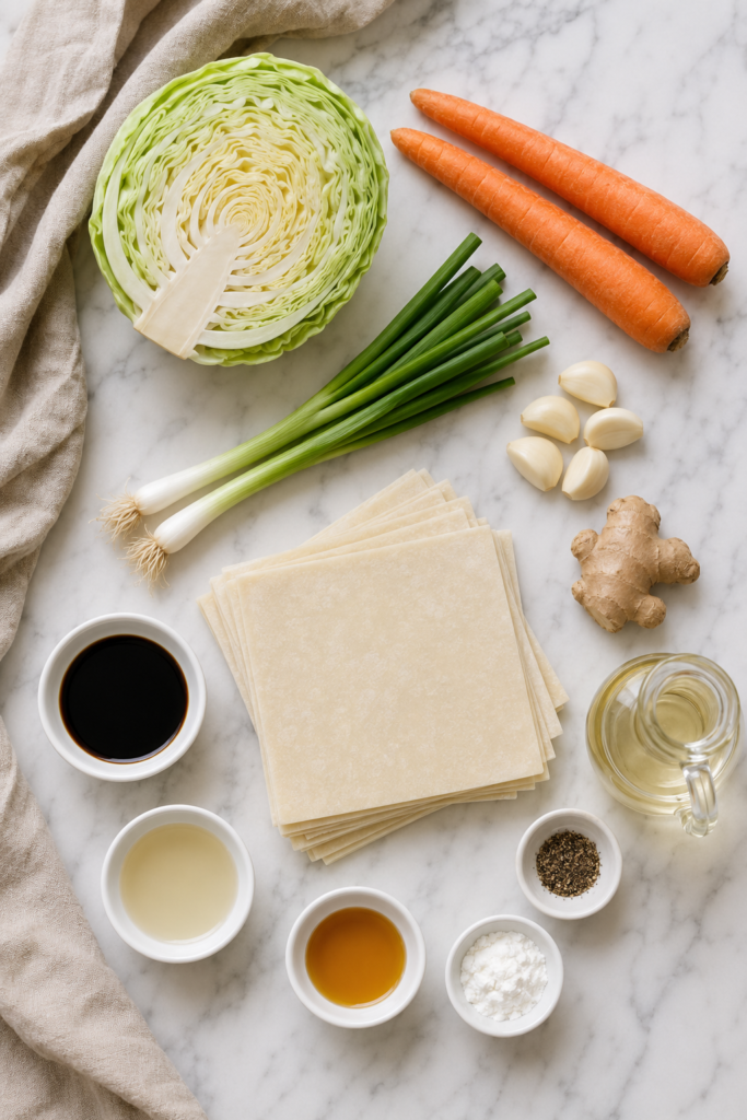 Crispy cabbage egg roll ingredients including cabbage, carrots, green onions, garlic, ginger, wrappers, soy sauce, and sesame oil.